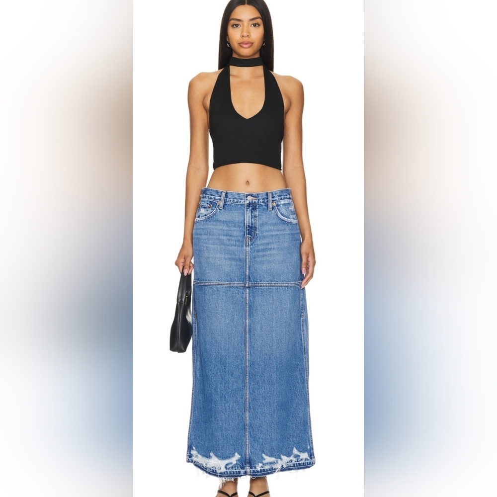 RE/DONE Mid Rise Split Skirt Maxie Length In Minerva Destroy Size 26